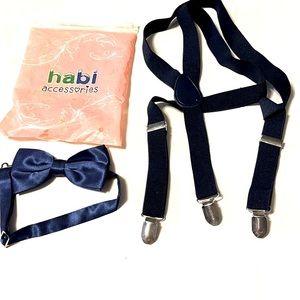 ⭐️ Habi accessories navy blue satin bow tie & suspenders set clip on for ease OS